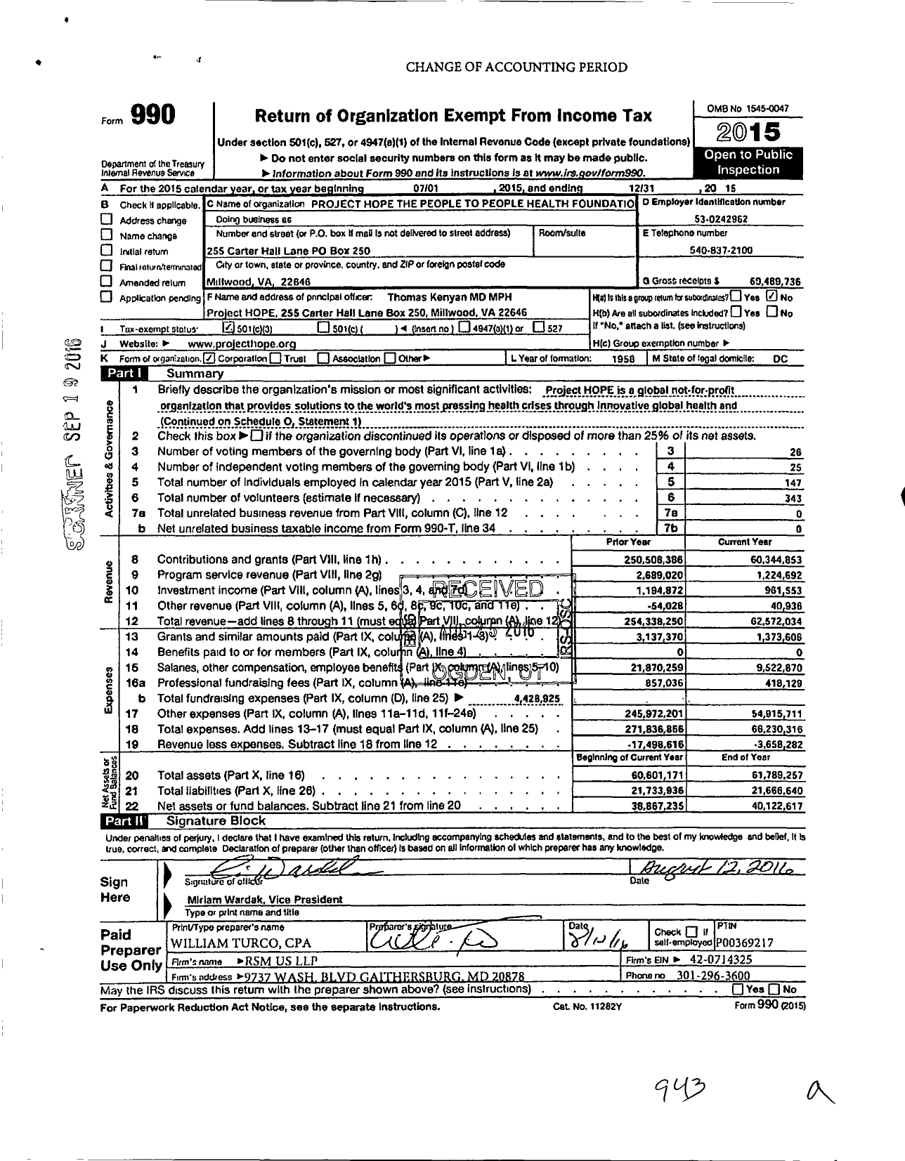 Image of first page of 2015 Form 990 for Project Hope Health Affairs