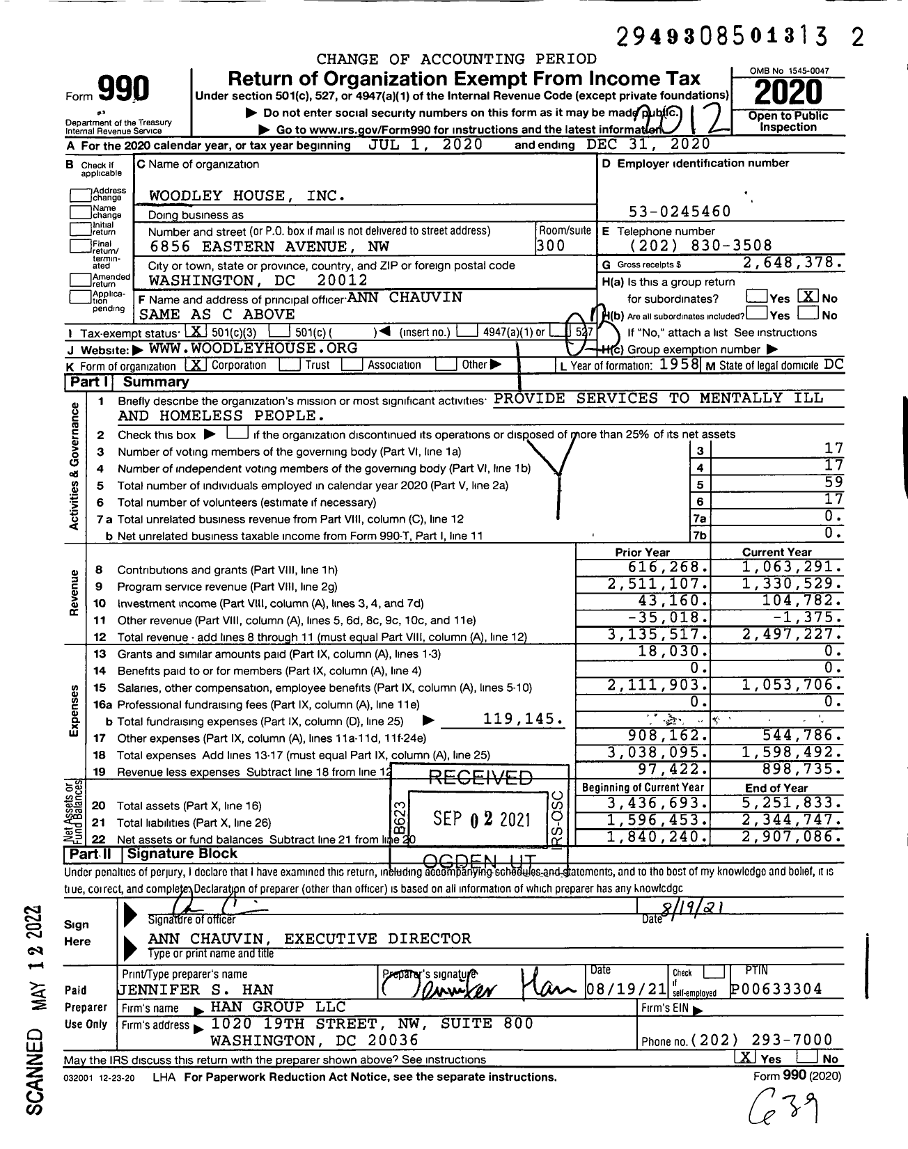 Image of first page of 2020 Form 990 for Woodley House