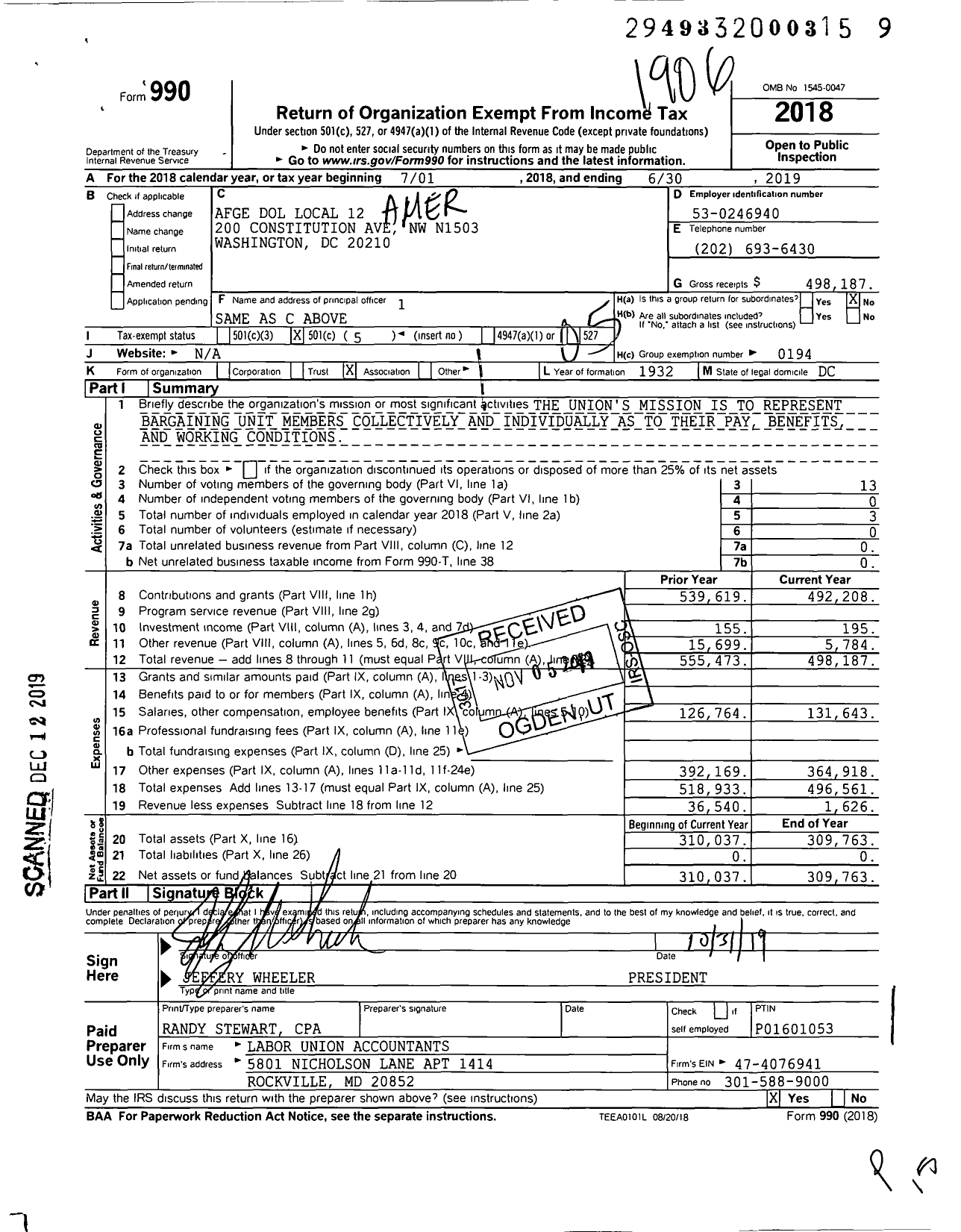 Image of first page of 2018 Form 990O for American Federation of Government Employees Local 12 AFL-CIO