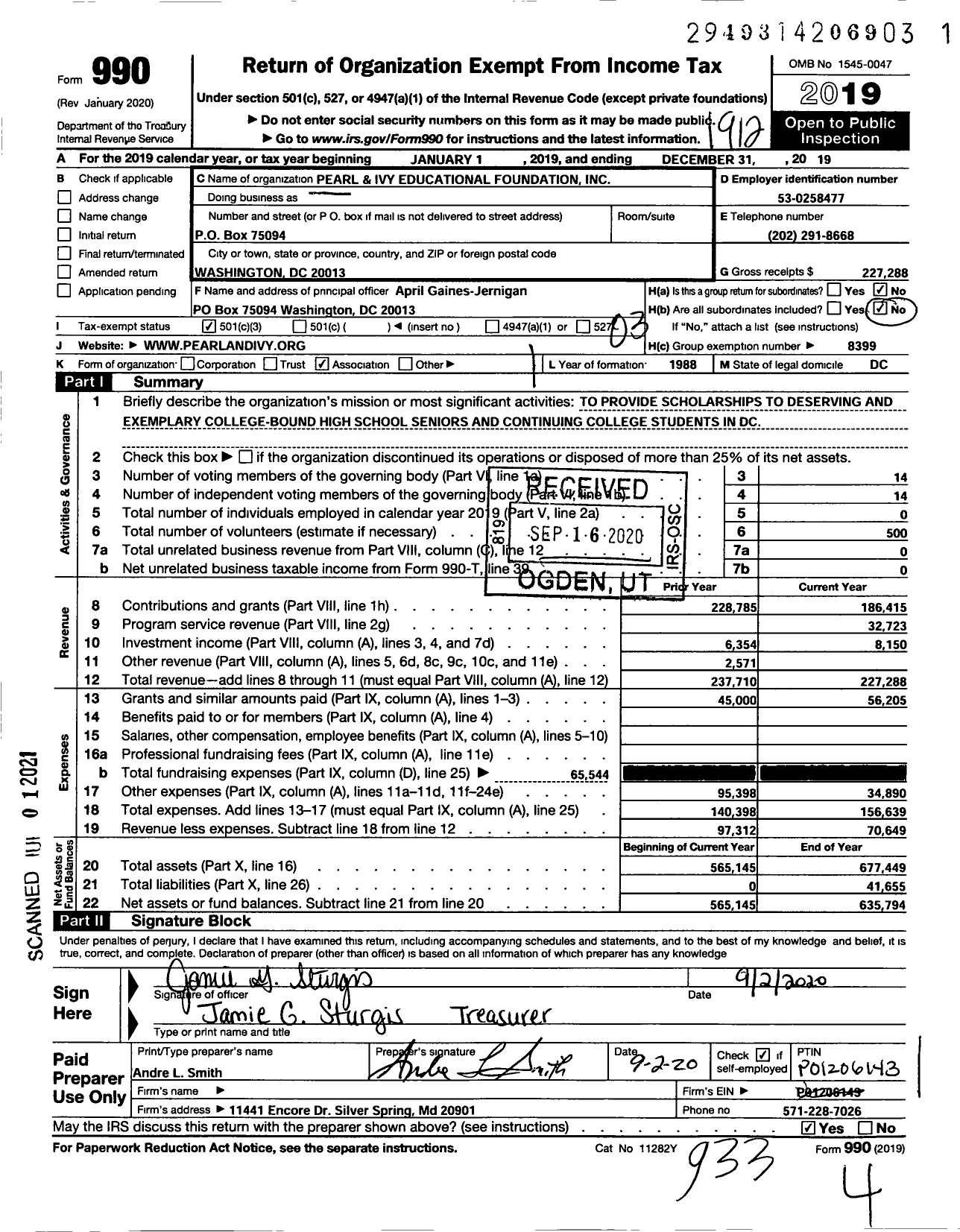 Image of first page of 2019 Form 990 for Pearl and Ivy Educational Foundation