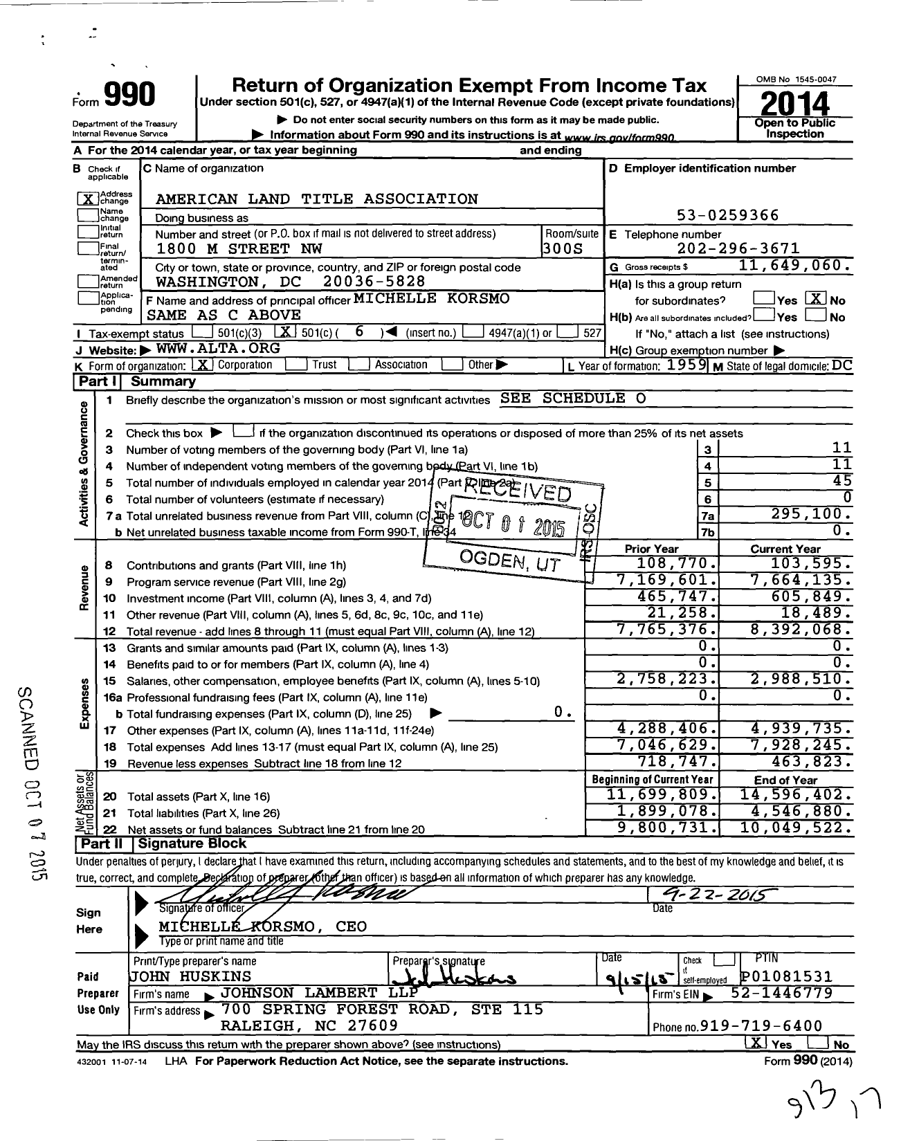 Image of first page of 2014 Form 990O for American Land Title Association (ALTA)