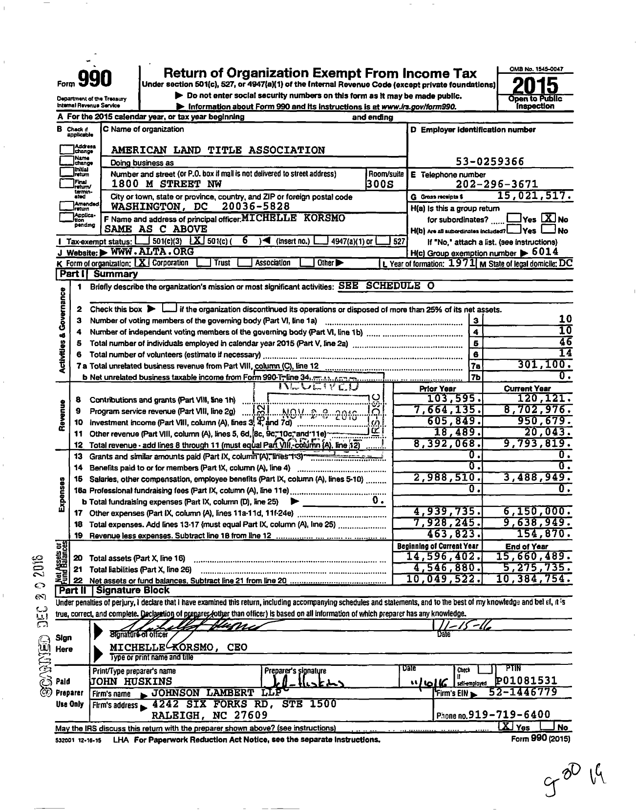 Image of first page of 2015 Form 990O for American Land Title Association (ALTA)