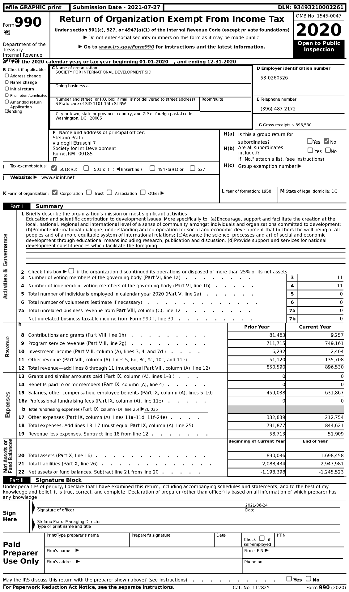 Image of first page of 2020 Form 990 for Society for International Development (SID)