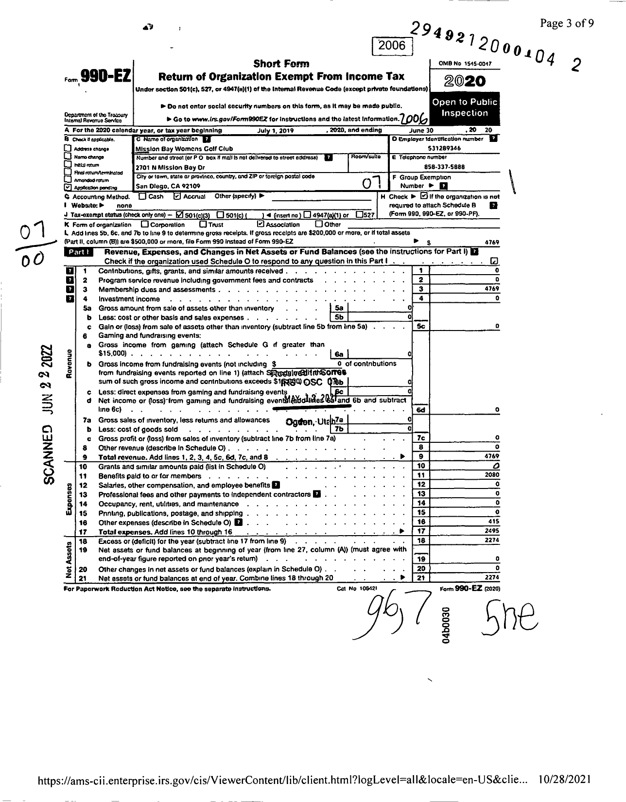 Image of first page of 2019 Form 990EO for Mission Bay Womens Golf Club