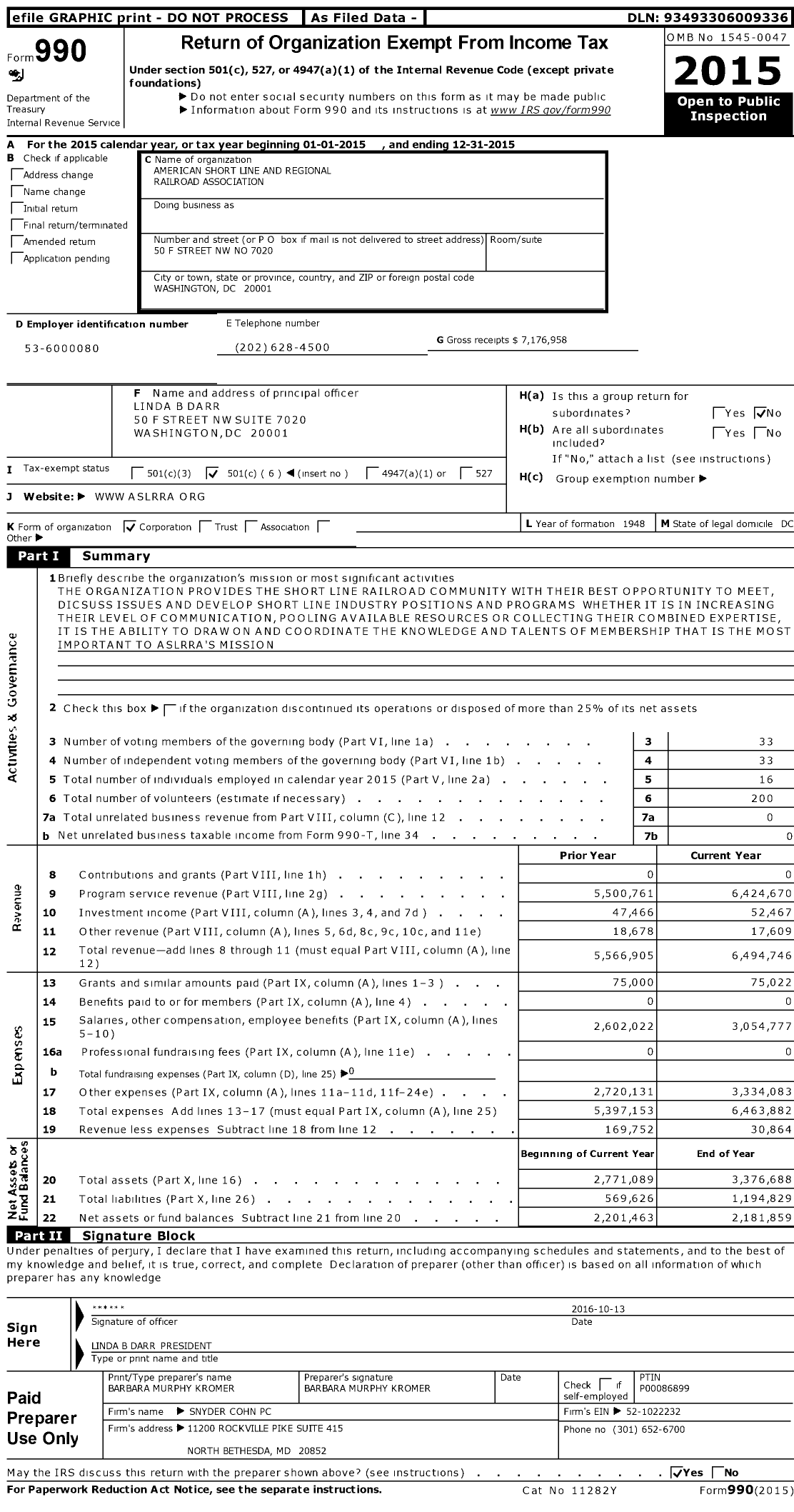 Image of first page of 2015 Form 990O for American Short Line and Regional Railroad Association (ASLRRA)