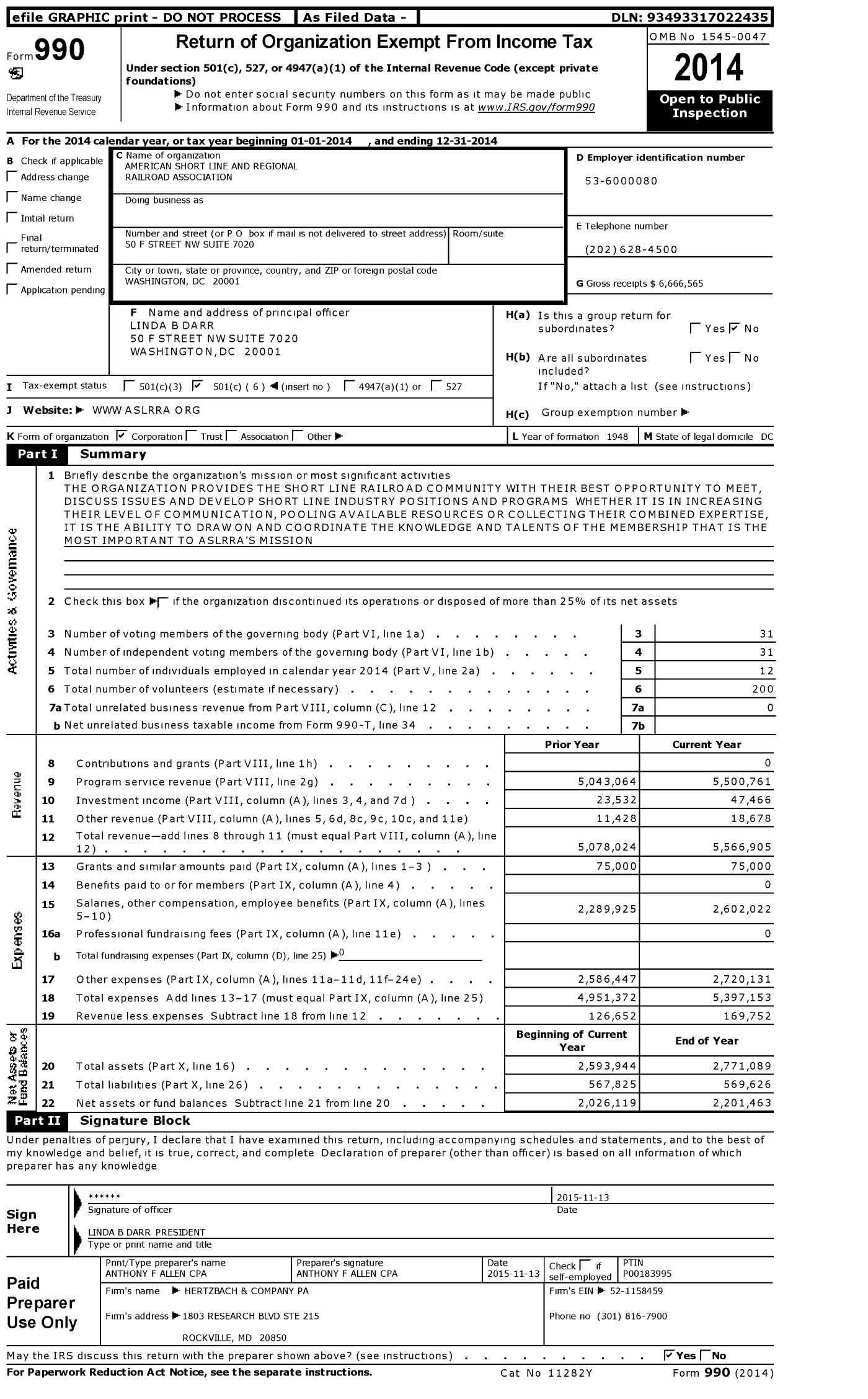 Image of first page of 2014 Form 990O for American Short Line and Regional Railroad Association (ASLRRA)