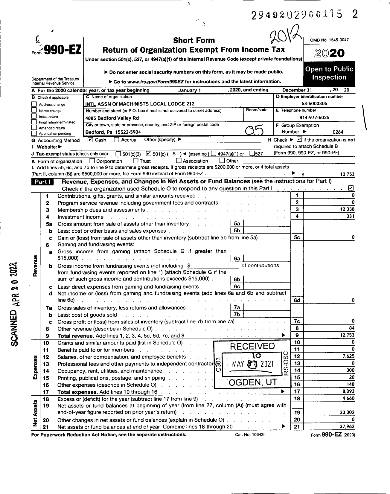 Image of first page of 2020 Form 990EO for International Association of Machinists and Aerospace Workers - 212