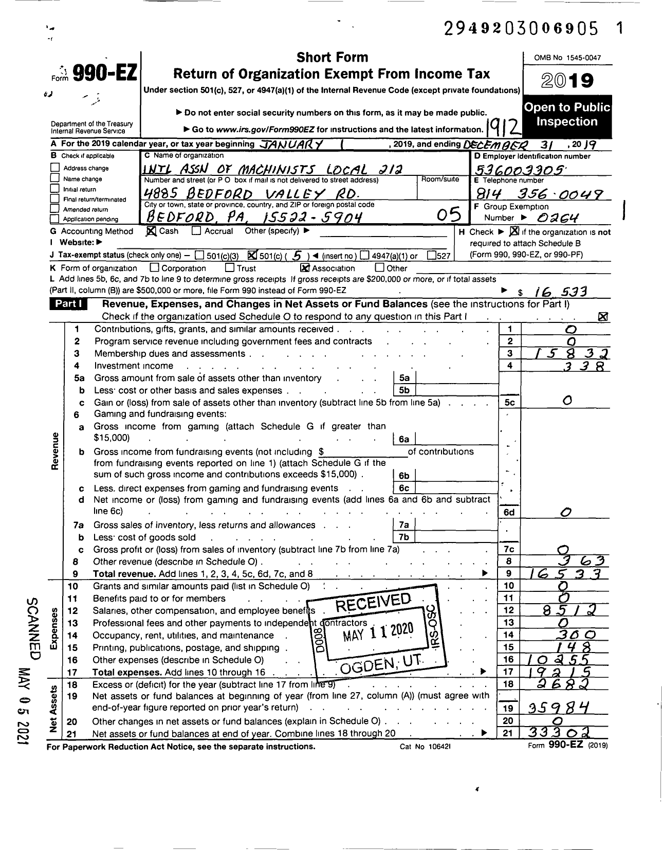 Image of first page of 2019 Form 990EO for International Association of Machinists and Aerospace Workers - 212