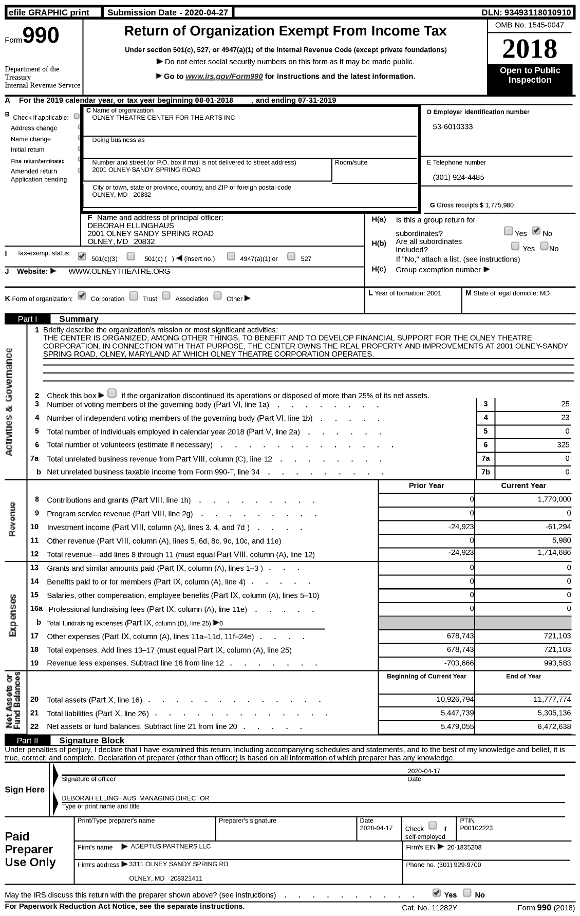Image of first page of 2018 Form 990 for Olney Theatre Center for the Arts