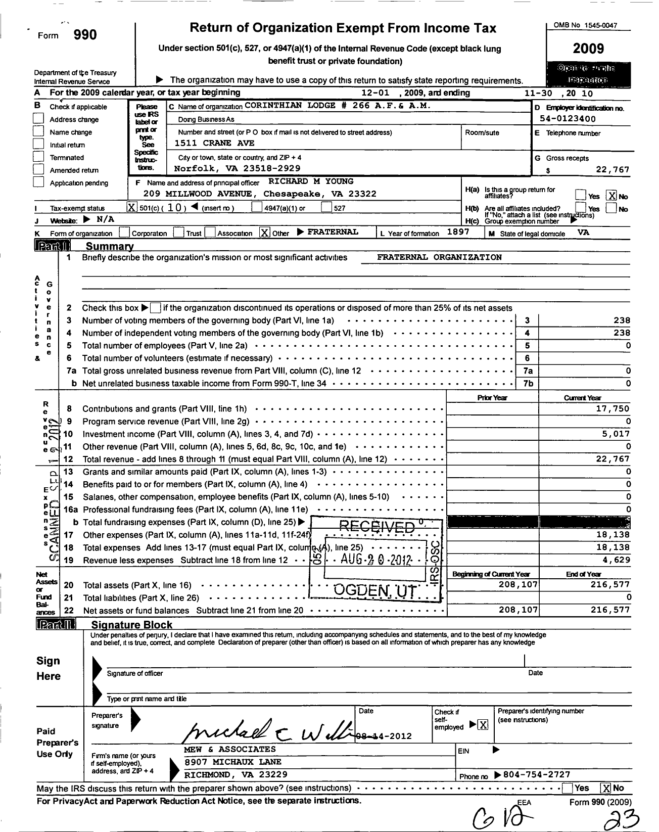 Image of first page of 2009 Form 990O for Free and Accepted Masons of Virginia - 266 Corinthian Lodge