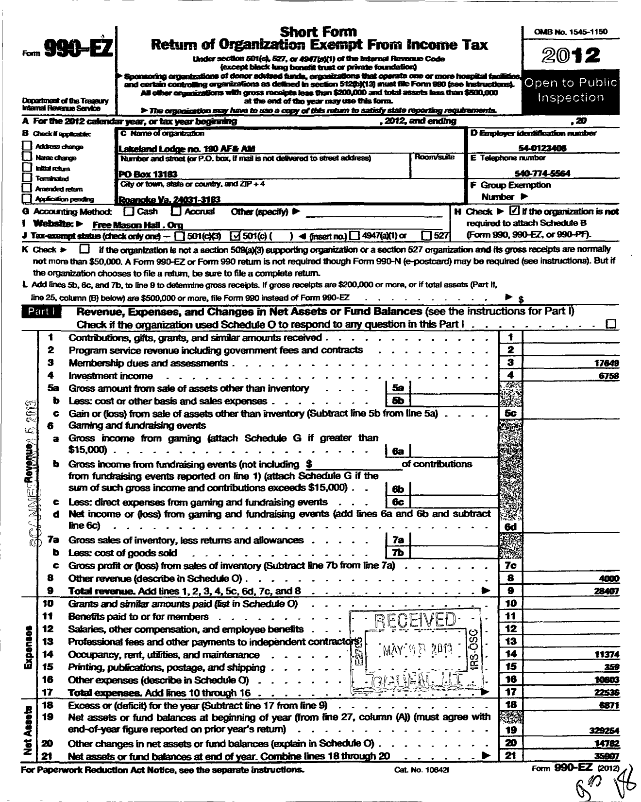 Image of first page of 2012 Form 990EO for Free and Accepted Masons of Virginia - 190 Lakeland Lodge