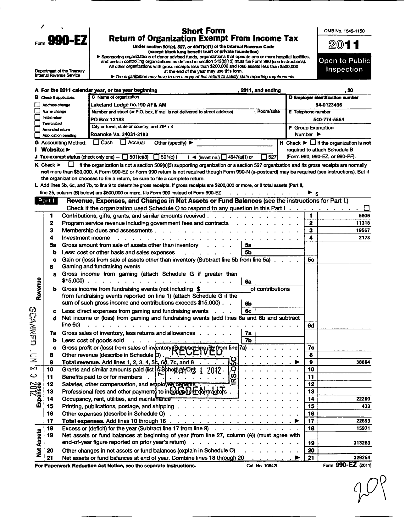 Image of first page of 2011 Form 990EO for Free and Accepted Masons of Virginia - 190 Lakeland Lodge