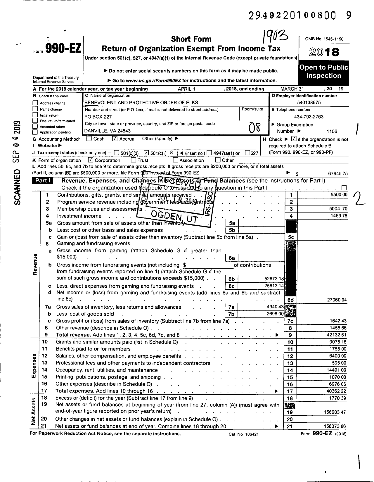 Image of first page of 2018 Form 990EO for Benevolent and Protective Order of Elks - 227 Danville