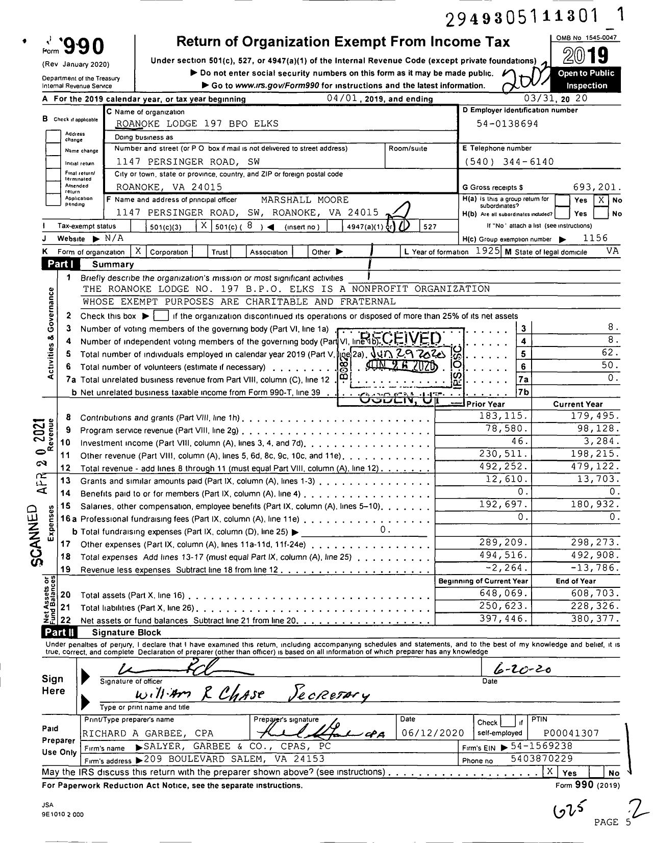 Image of first page of 2019 Form 990O for Benevolent and Protective Order of Elks - 197 Roanoke