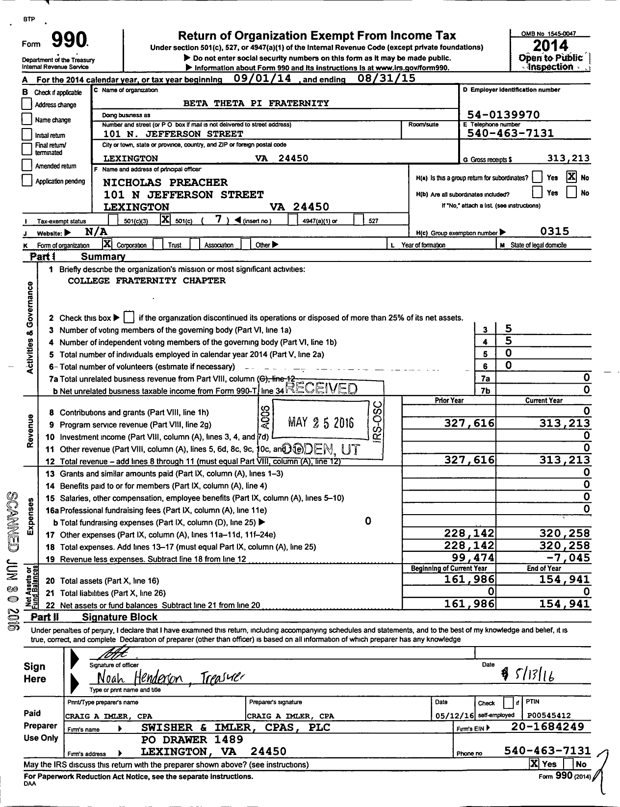 Image of first page of 2014 Form 990O for Beta Theta Pi Fraternity - 123 Alpha Rho Chapter