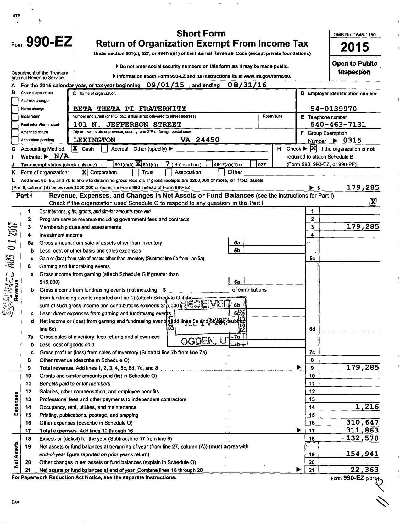 Image of first page of 2015 Form 990EO for Beta Theta Pi Fraternity - 123 Alpha Rho Chapter