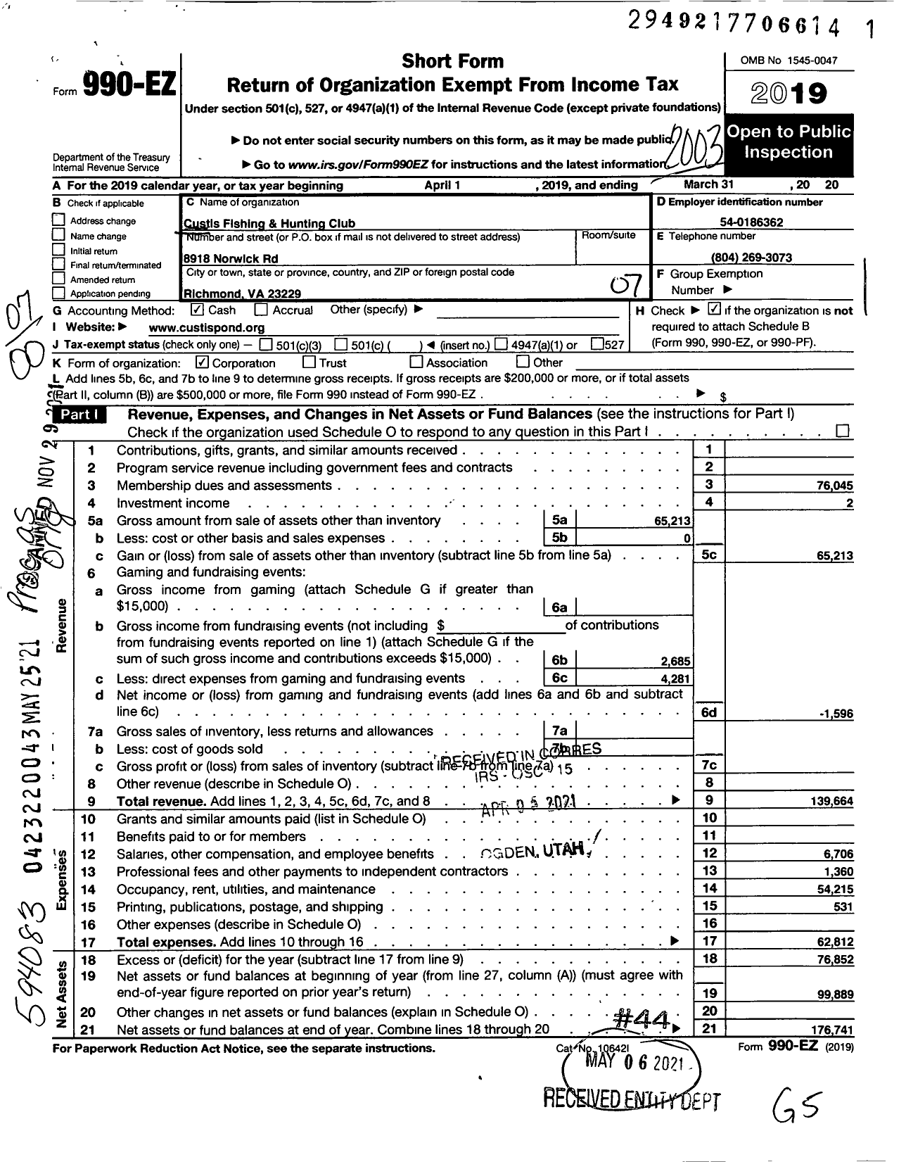 Image of first page of 2019 Form 990EO for Custis Fishing and Hunting Club