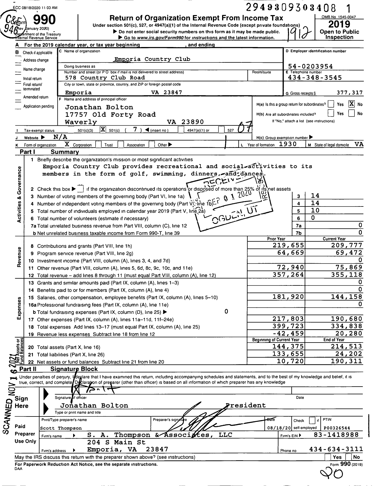 Image of first page of 2019 Form 990O for Emporia Country Club