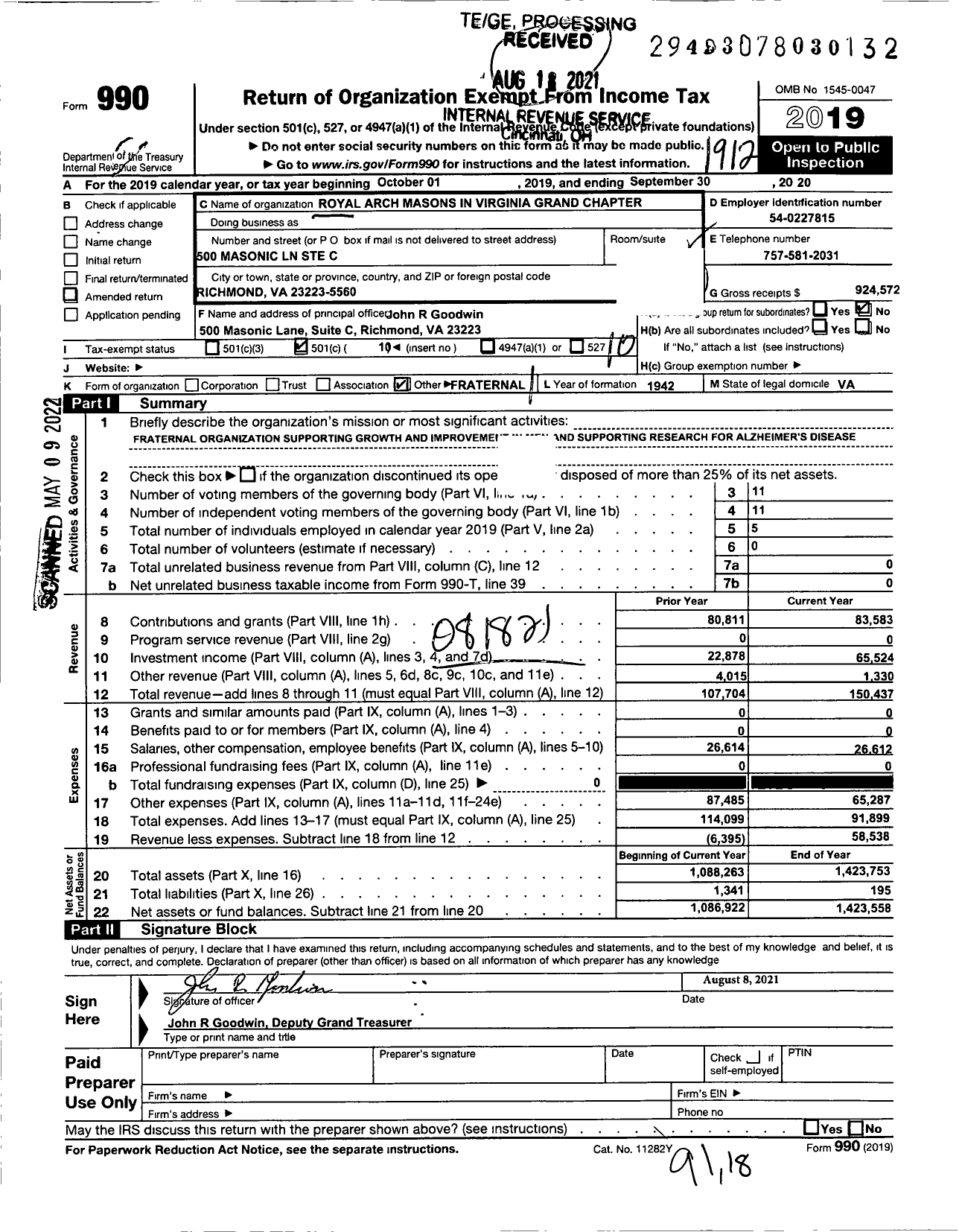 Image of first page of 2019 Form 990O for Royal Arch Masons In Virginia Grand