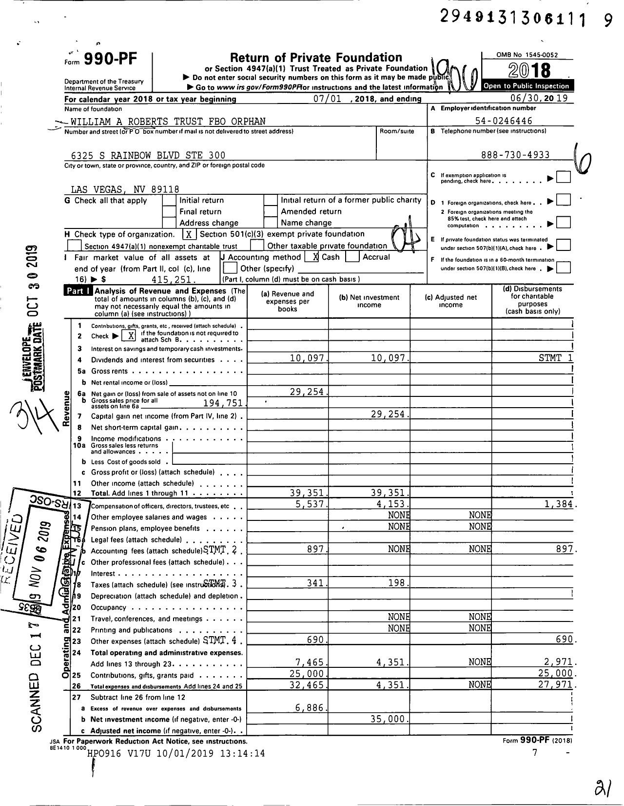 Image of first page of 2018 Form 990PF for William A Roberts Trust Fbo Orphan