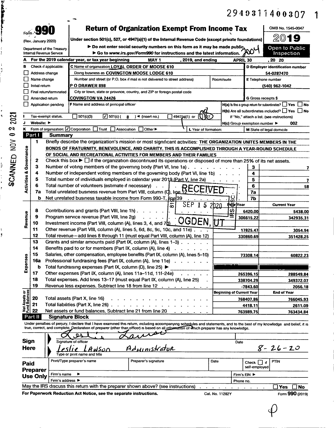 Image of first page of 2019 Form 990O for Loyal Order of Moose - 610