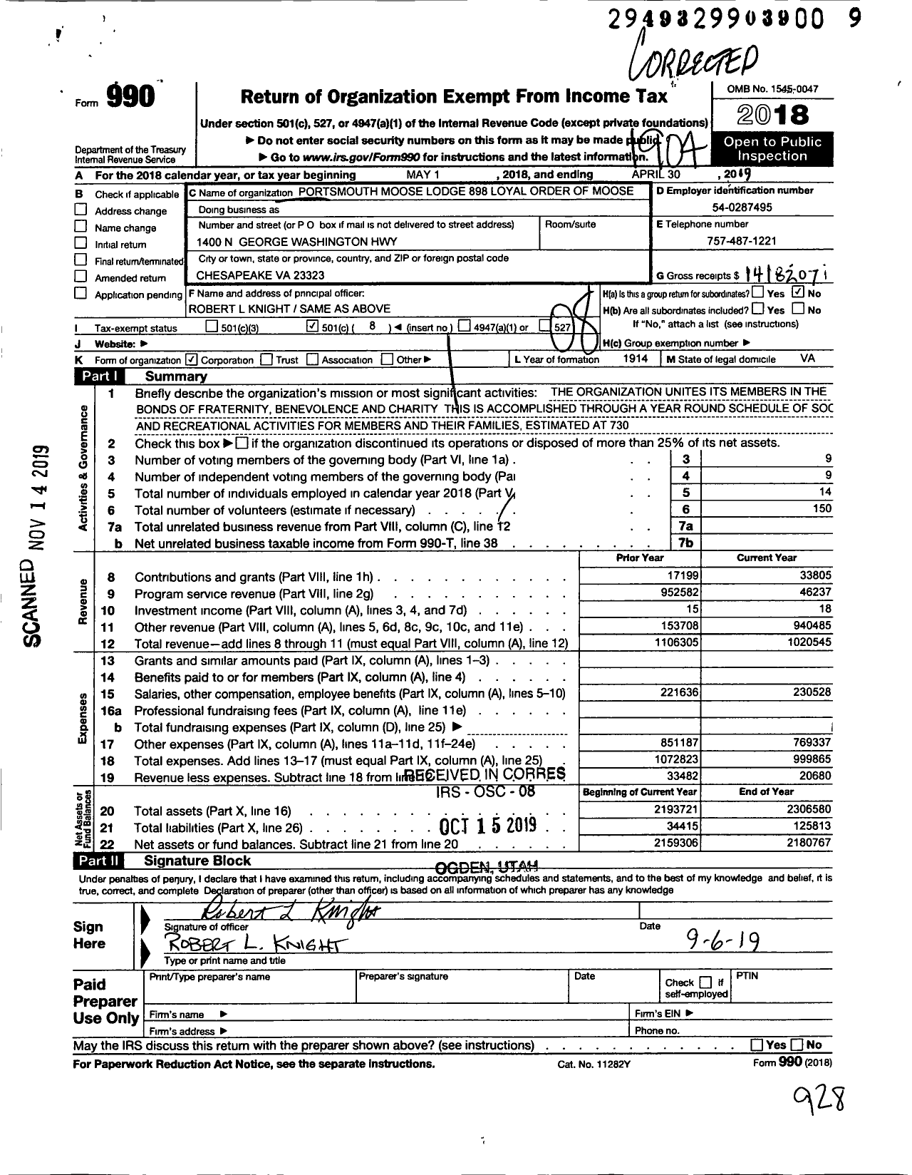 Image of first page of 2018 Form 990O for Loyal Order of Moose - 898