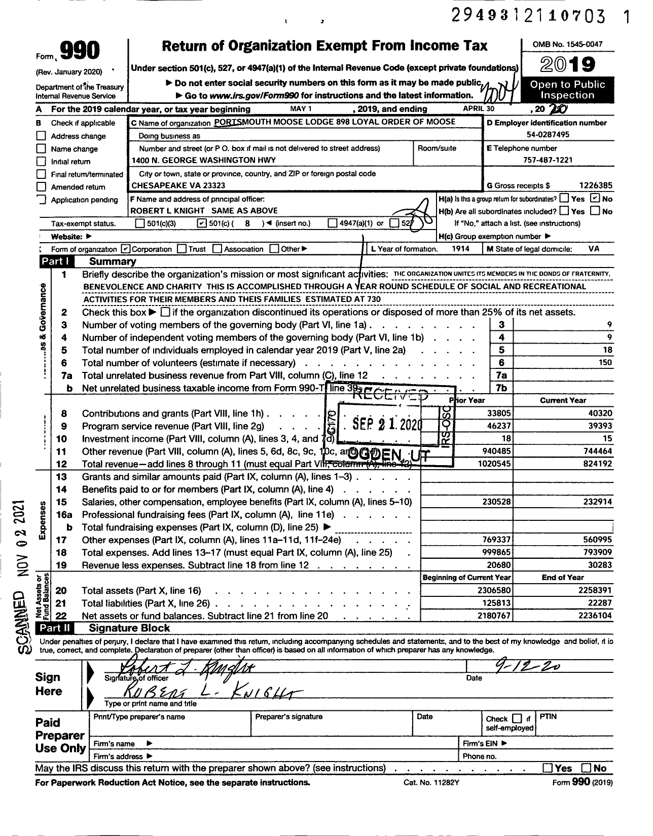 Image of first page of 2019 Form 990O for Loyal Order of Moose - 898