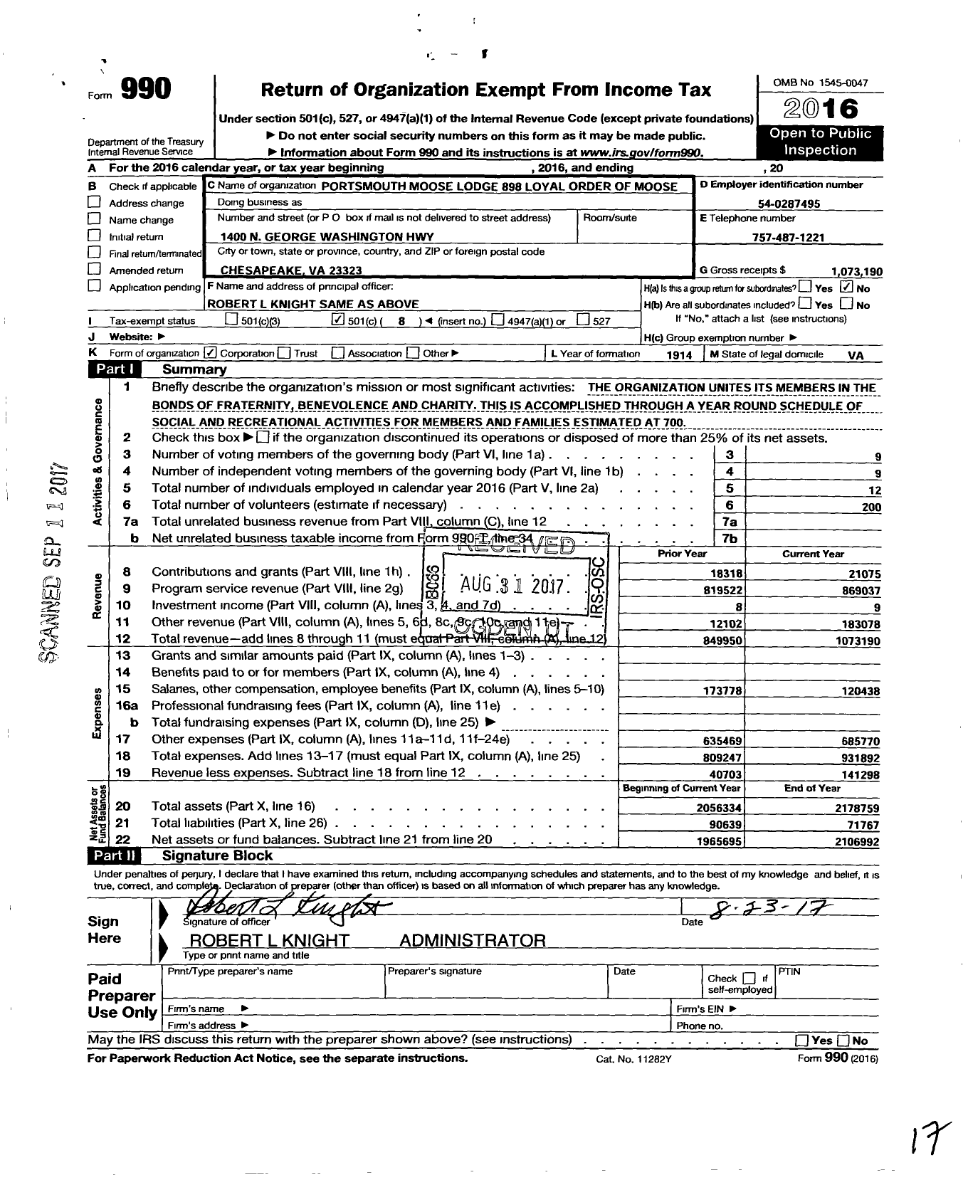 Image of first page of 2016 Form 990O for Loyal Order of Moose - 898