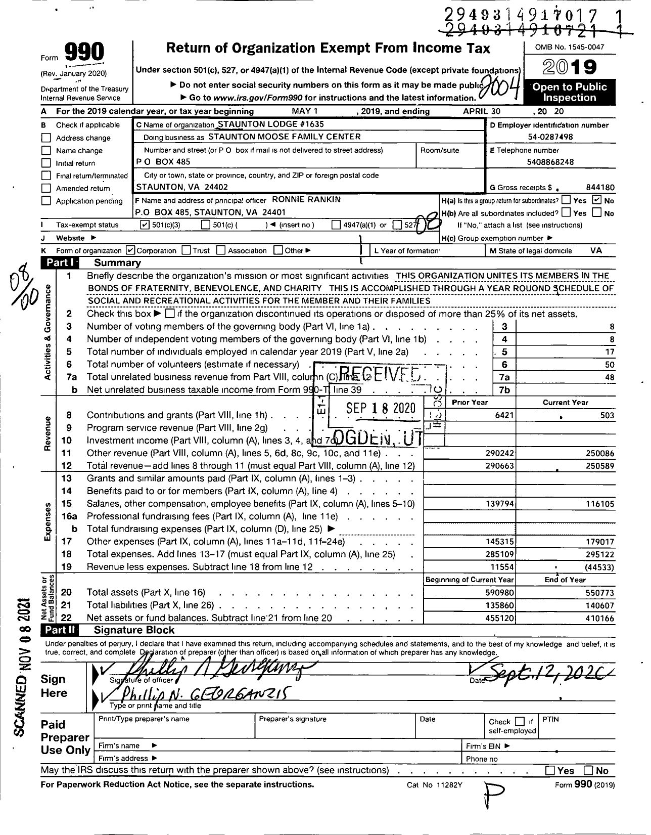 Image of first page of 2019 Form 990O for Loyal Order of Moose - Staunton Moose Family Center