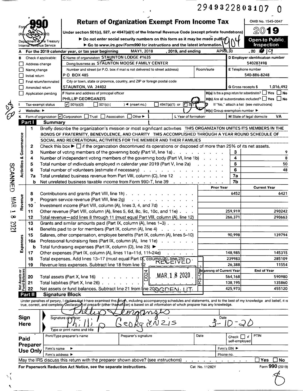 Image of first page of 2018 Form 990O for Loyal Order of Moose - Staunton Moose Family Center