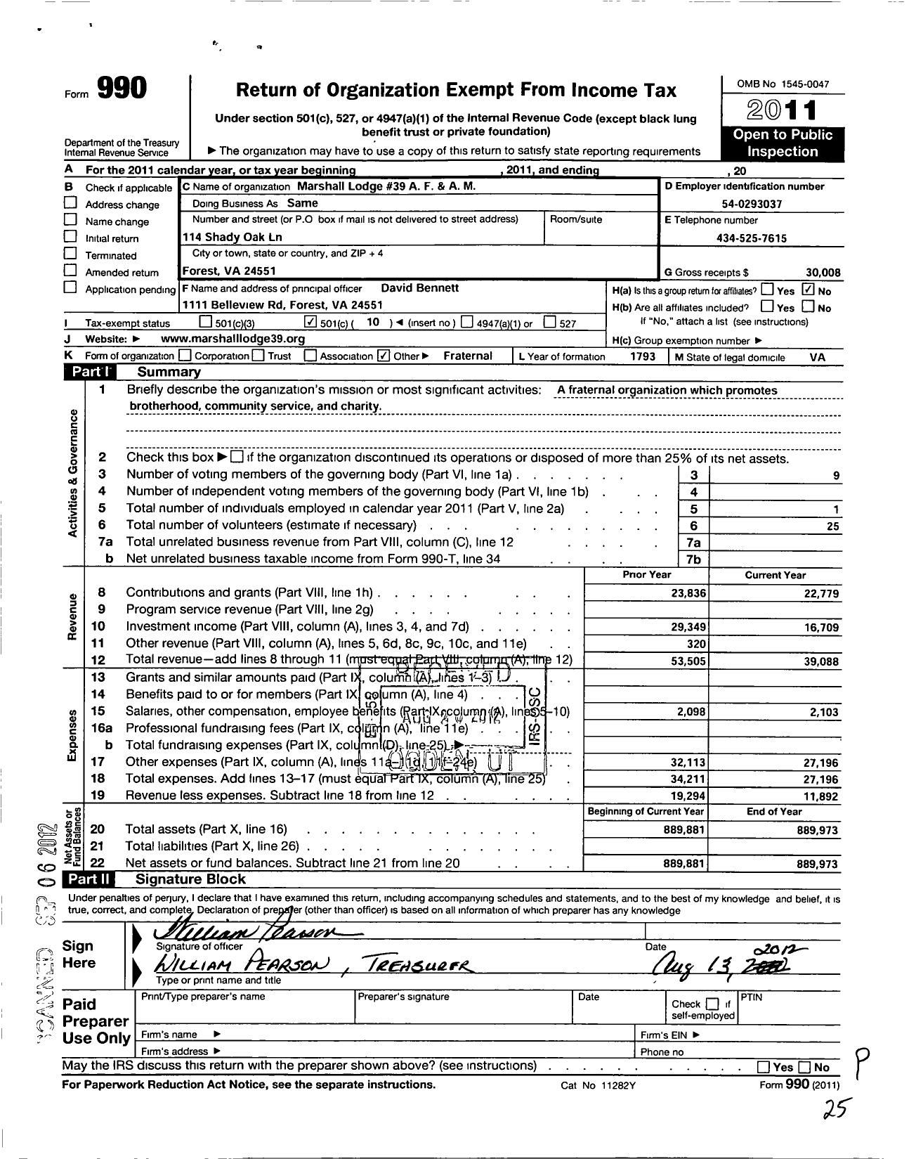 Image of first page of 2011 Form 990O for Free and Accepted Masons of Virginia - 39 Marshall Lodge