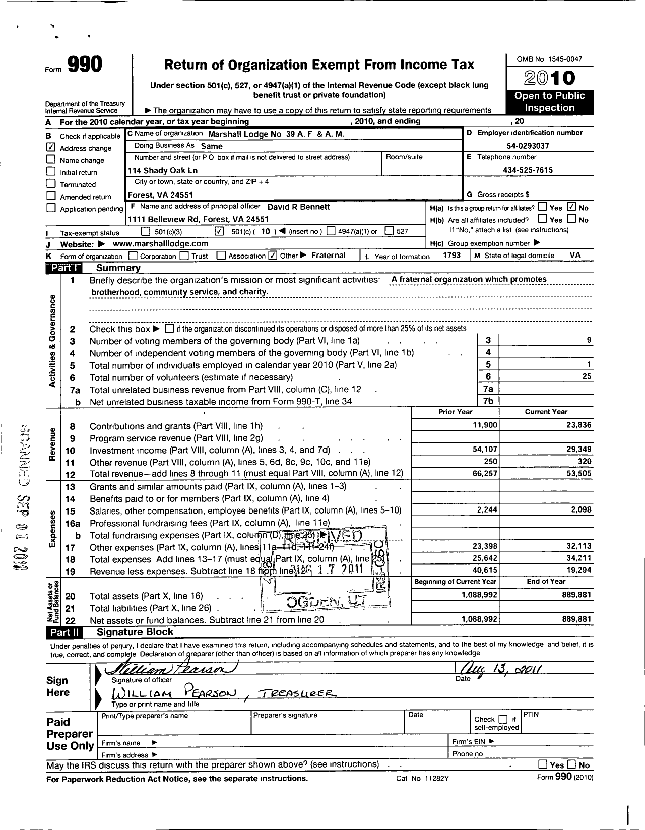 Image of first page of 2010 Form 990O for Free and Accepted Masons of Virginia - 39 Marshall Lodge