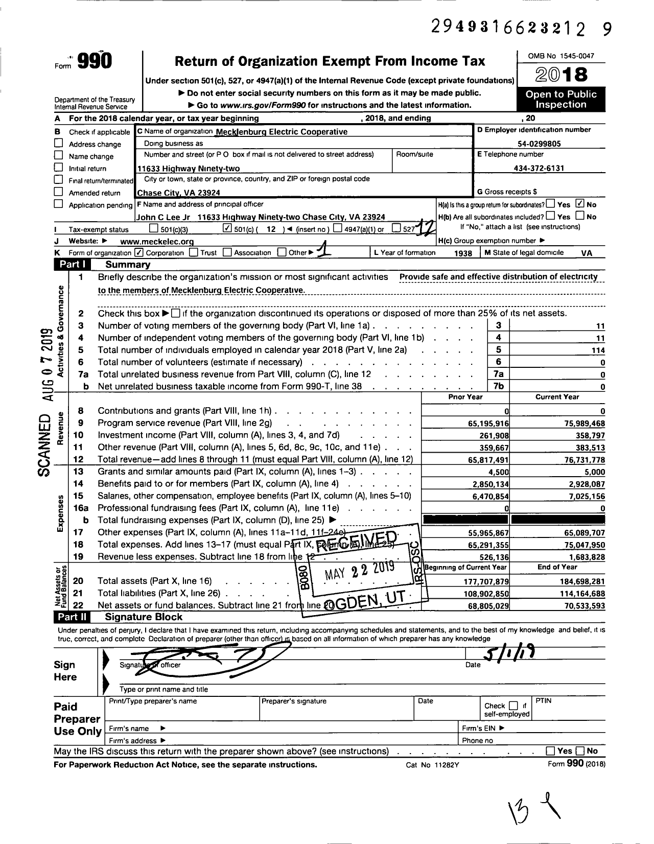Image of first page of 2018 Form 990O for Mecklenburg Electric Cooperative