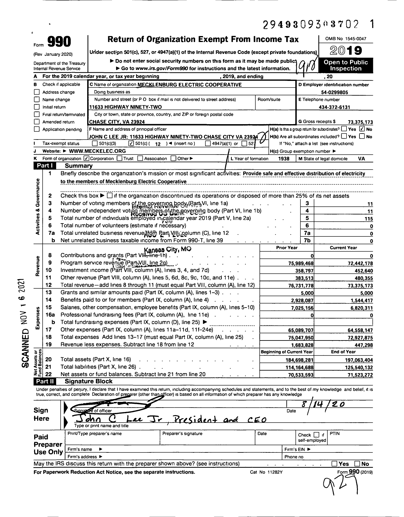 Image of first page of 2019 Form 990O for Mecklenburg Electric Cooperative