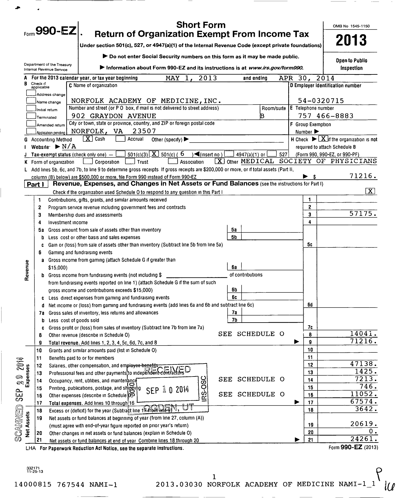 Image of first page of 2013 Form 990EO for Coastal Virginia Medical Society