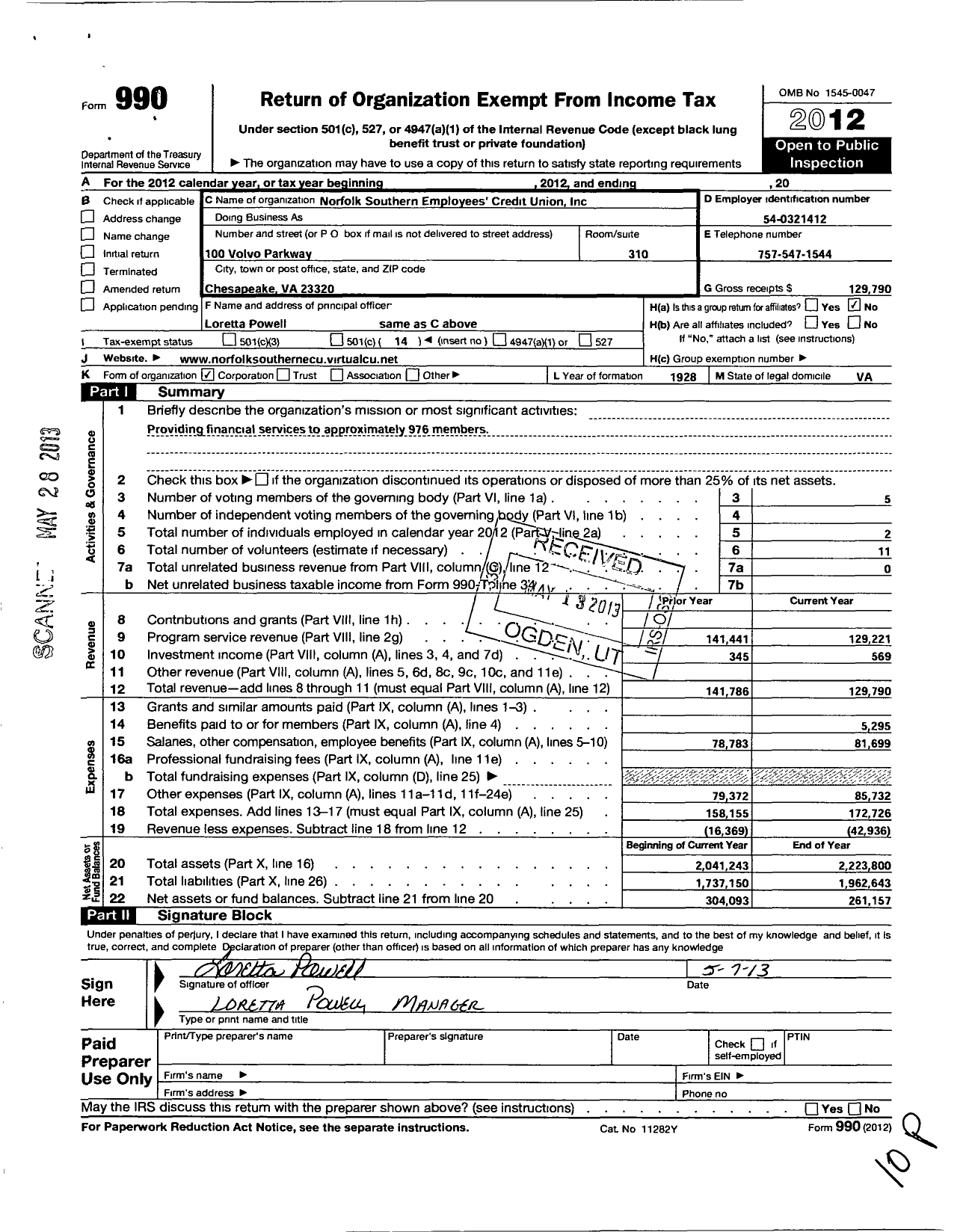 Image of first page of 2012 Form 990O for Norfolk Southern Employees Credit Union