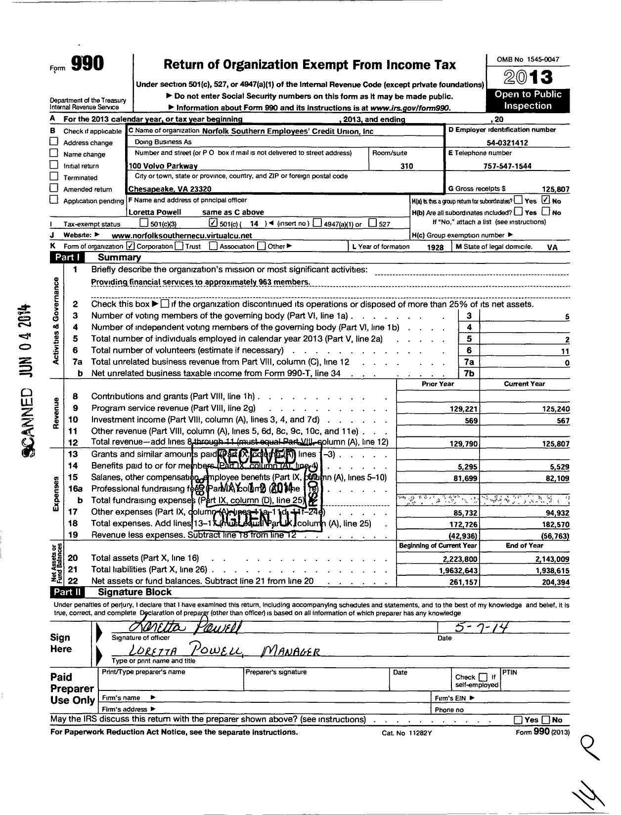 Image of first page of 2013 Form 990O for Norfolk Southern Employees Credit Union