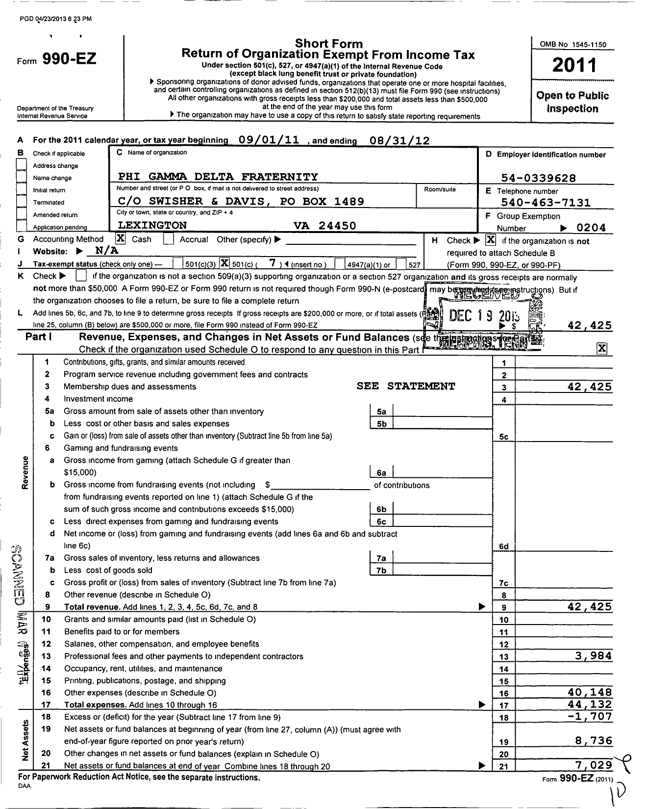 Image of first page of 2011 Form 990EO for Phi Gamma Delta Fraternity - Zeta Deuteron Chapter