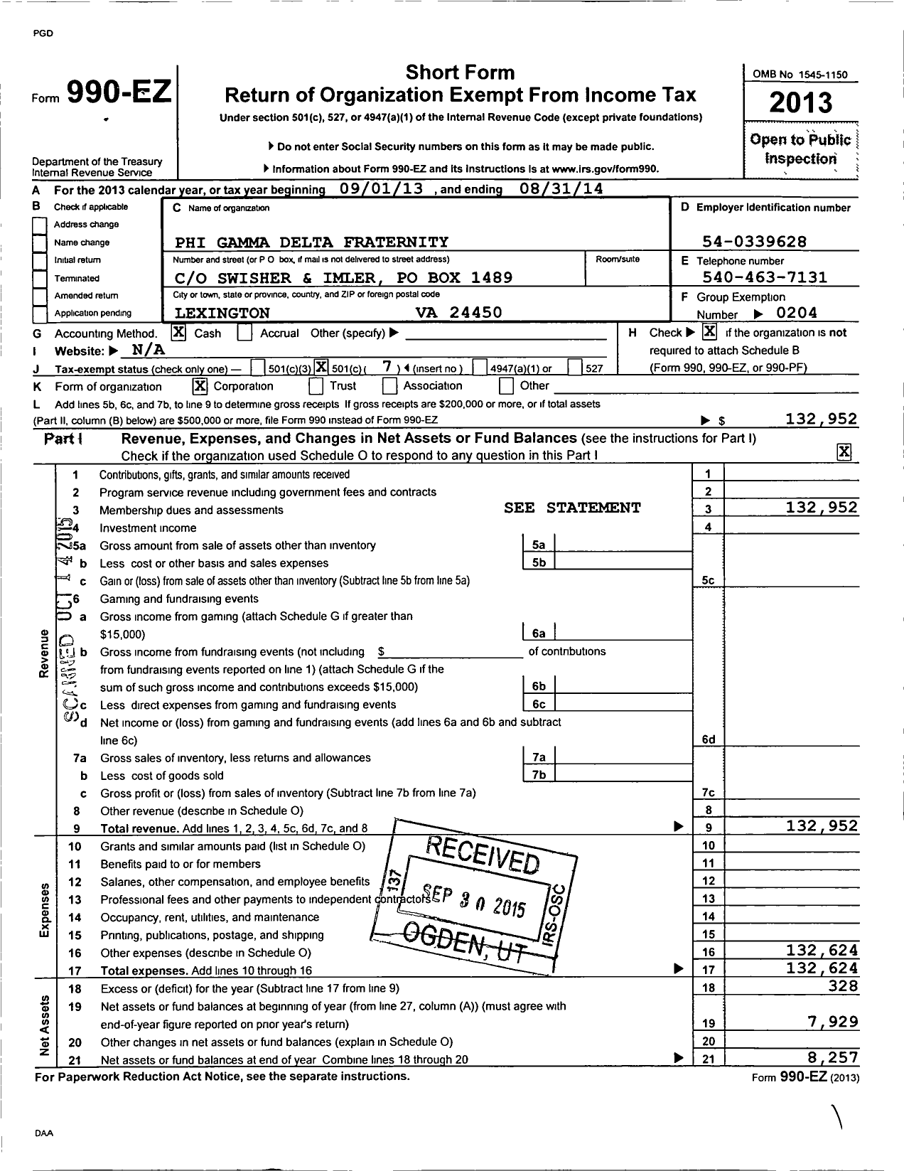 Image of first page of 2013 Form 990EO for Phi Gamma Delta Fraternity - Zeta Deuteron Chapter