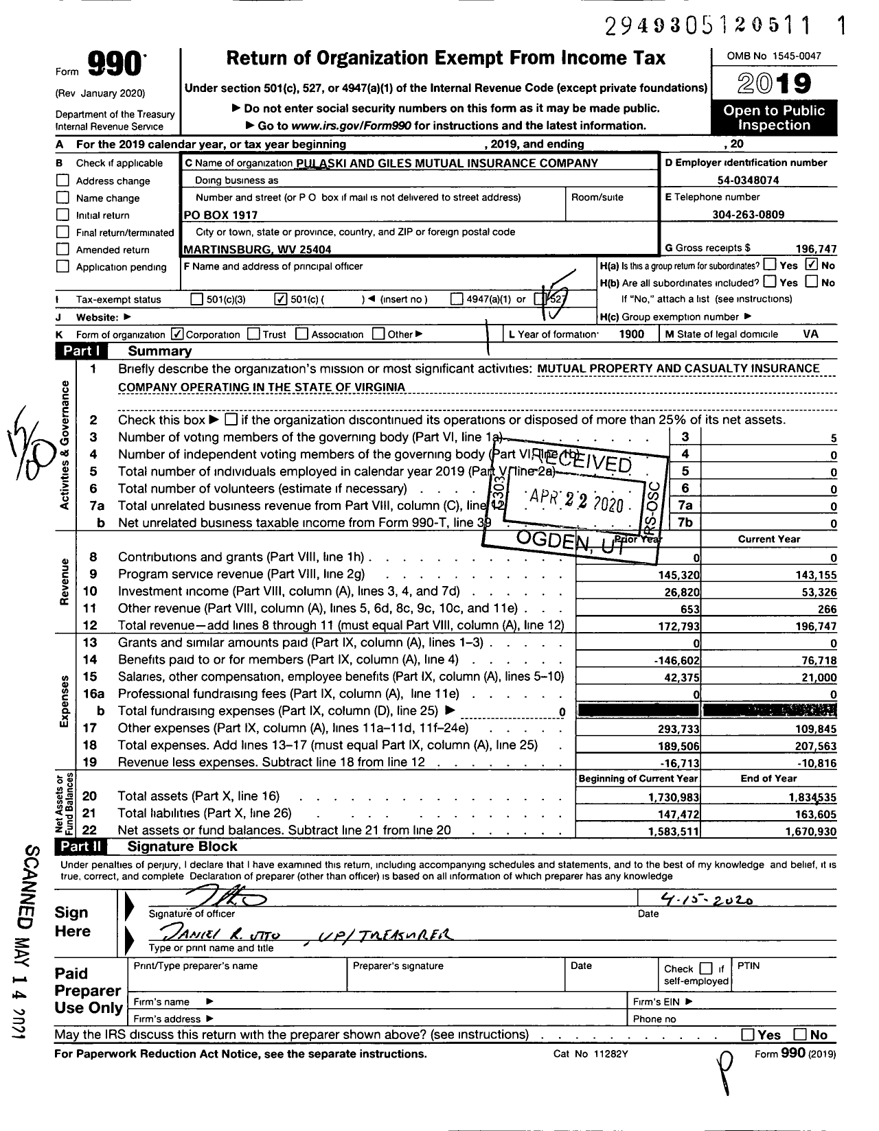 Image of first page of 2019 Form 990O for Pulaski and Giles Mutual Insurance