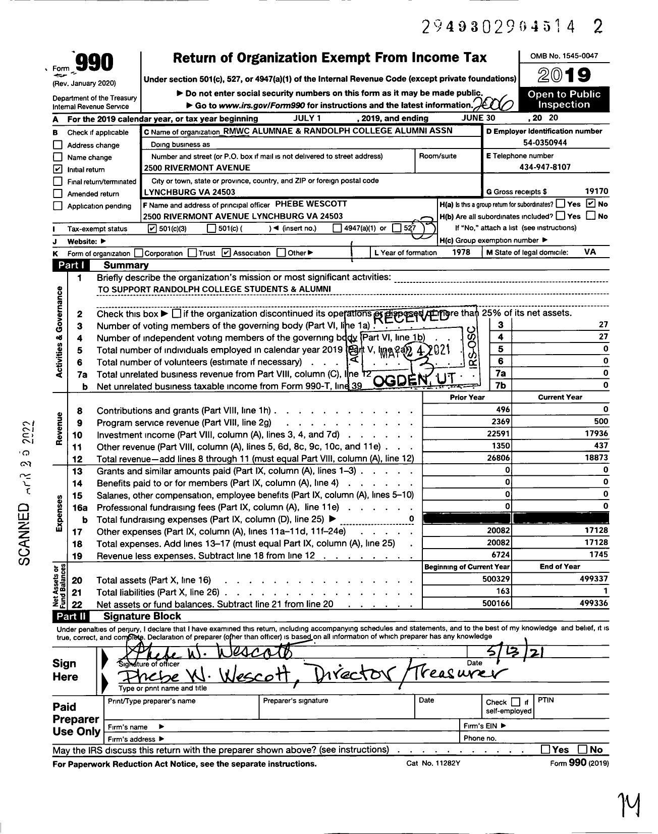 Image of first page of 2019 Form 990 for Randolph-Macon Womans College Alumnae and Randolph Col Association