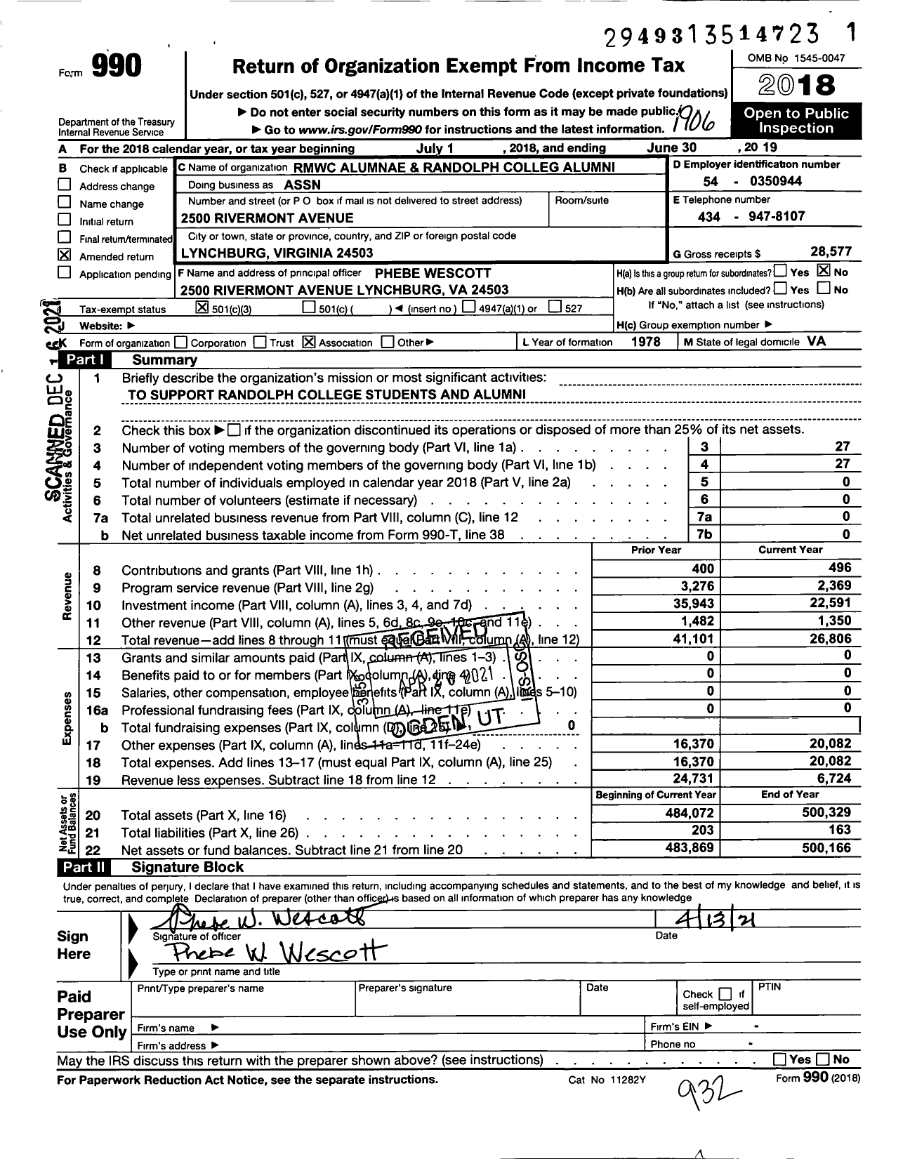 Image of first page of 2018 Form 990 for Randolph-Macon Womans College Alumnae and Randolph Col Association