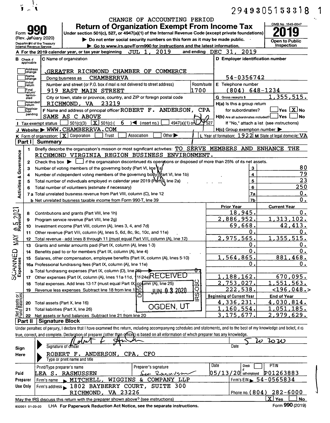 Image of first page of 2019 Form 990O for ChamberRVA
