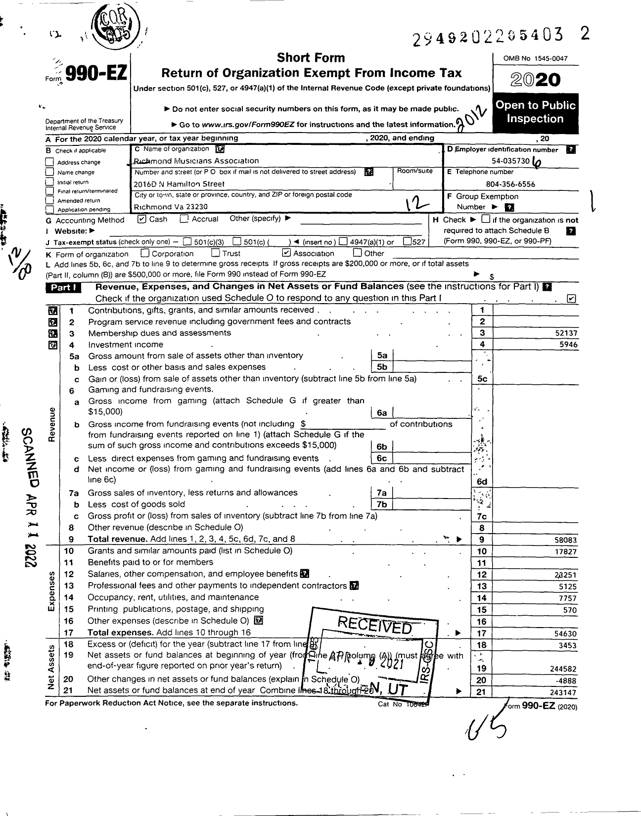 Image of first page of 2020 Form 990EO for American Federation of Musicians - 123 Local Richmond