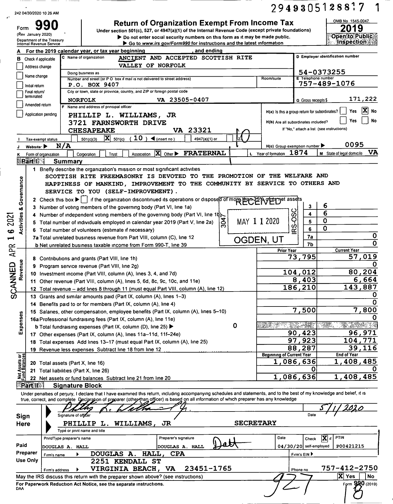 Image of first page of 2019 Form 990O for Scottish Rite of Freemasonry Southern Jurisdiction - Valley of Norfolk & Coord Bodies