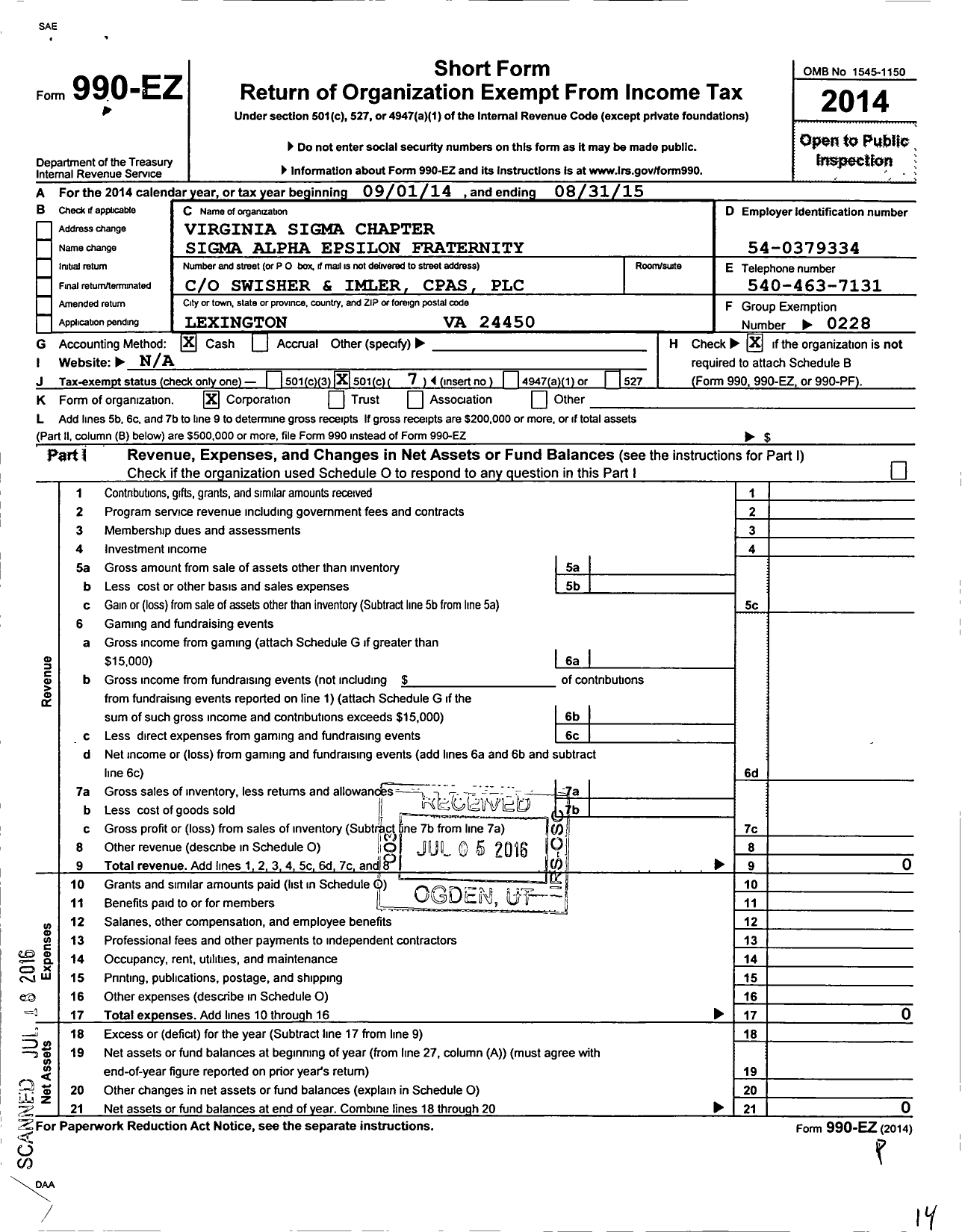 Image of first page of 2014 Form 990EO for Sigma Alpha Epsilon Fraternity - Virginia Sigma Chapter