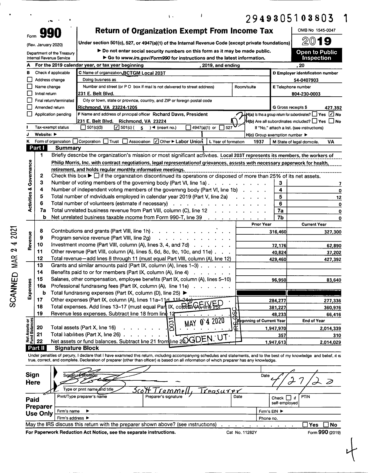 Image of first page of 2019 Form 990 for Bakery Confectionery & Tobacco Workers Internation
