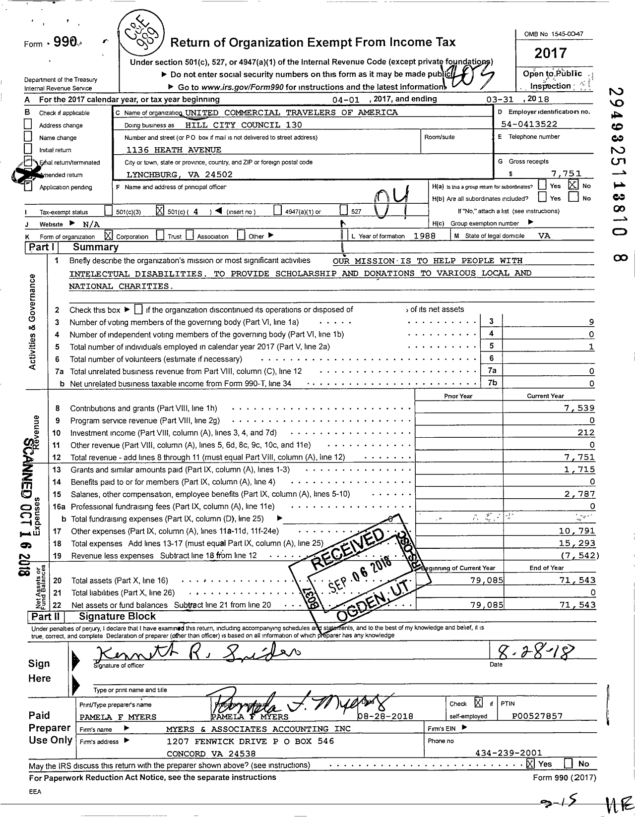 Image of first page of 2017 Form 990O for United Commercial Travelers of America - 130 Hill City Council