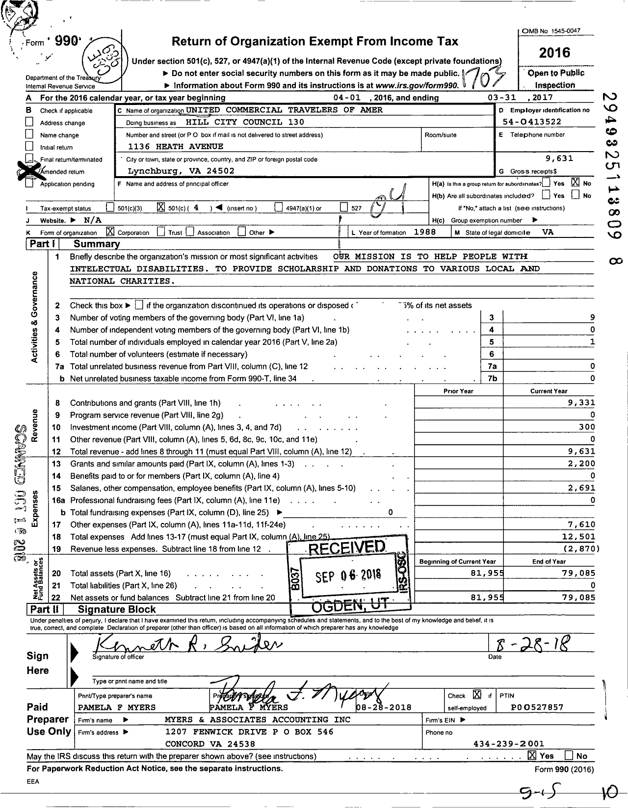 Image of first page of 2016 Form 990O for United Commercial Travelers of America - 130 Hill City Council