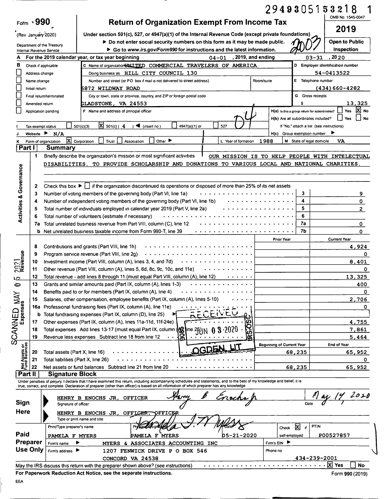 Image of first page of 2019 Form 990O for United Commercial Travelers of America - 130 Hill City Council